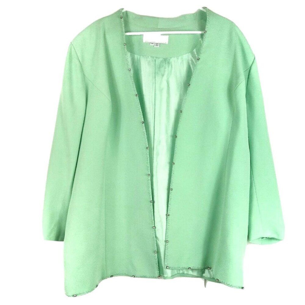 Vintage Donna Vinci Green Open Front Jacket Beaded Rhinestone Accents Size 20
